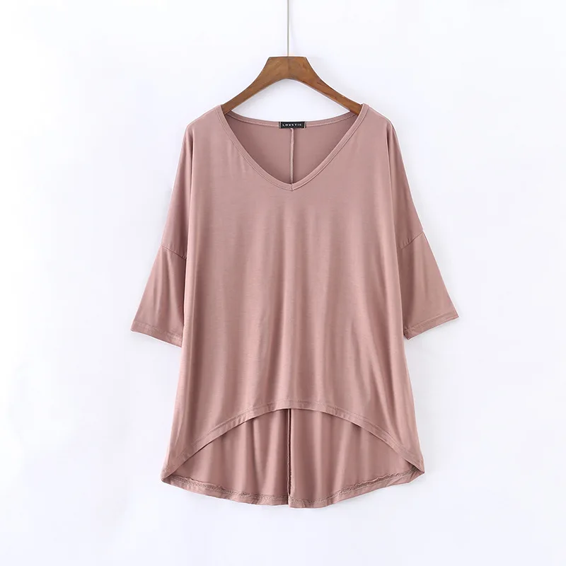 Spring Summer New Women's Modal Batwing Sleeve Mid-Sleeve Casual Korean Style V-Neck Solid Color Plus Size Basic Tee