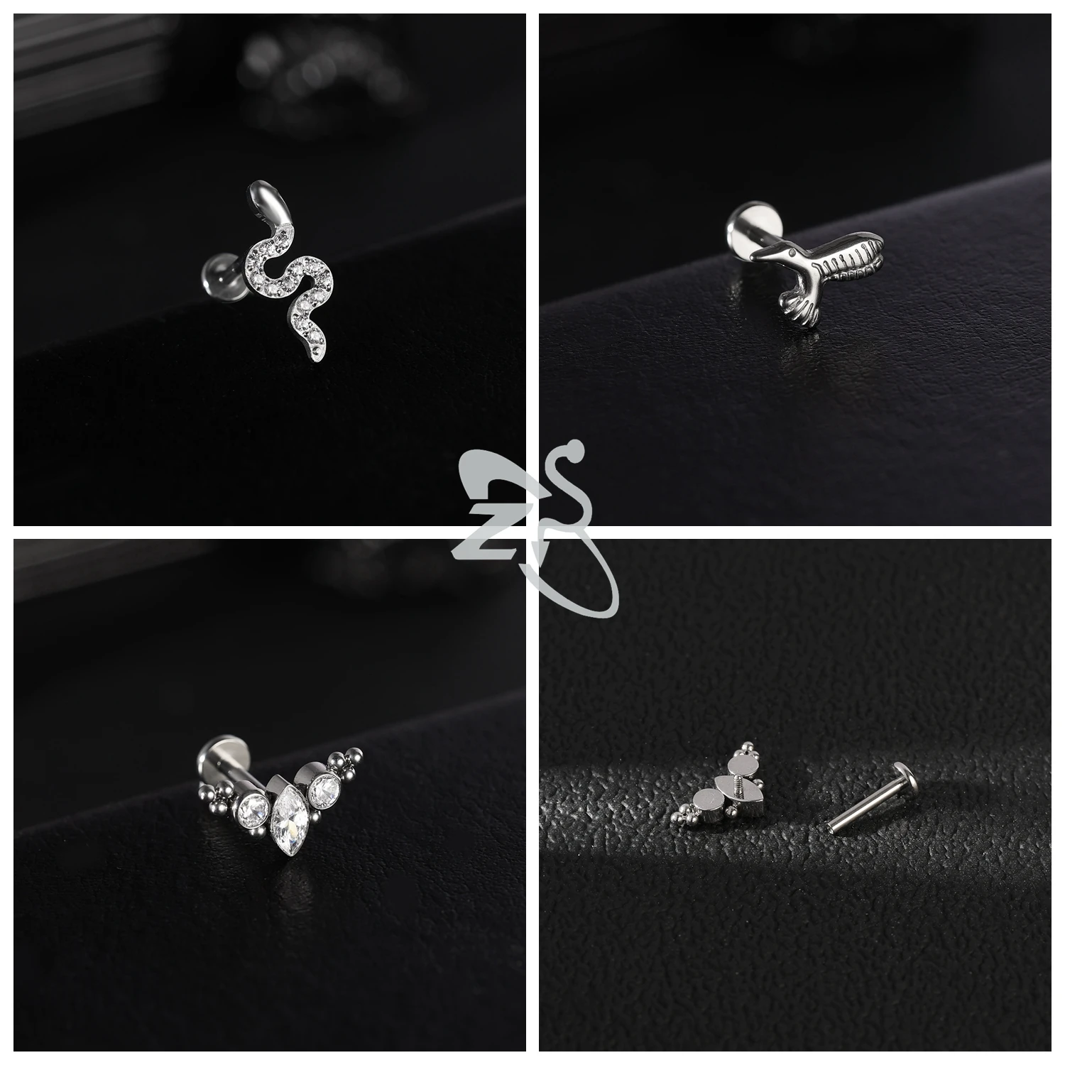 ZS 1 PC G23 Titanium Thread Lip Labret Piercing Women Men 16G Punk Bat Snake Ear Studs Crystal Cartilage Helix Piercings Earring
