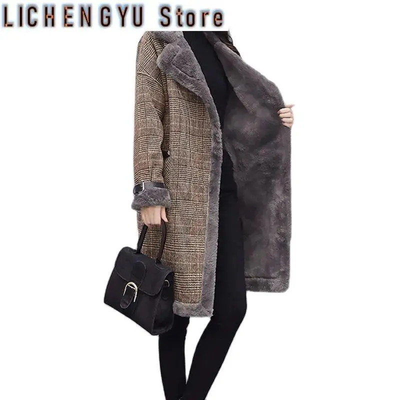 Autumn Winter Long Woolen Jackets Women's Clothing Velvet Fur Collar Cold-Resistant Warm Coat Plaid Parka Female