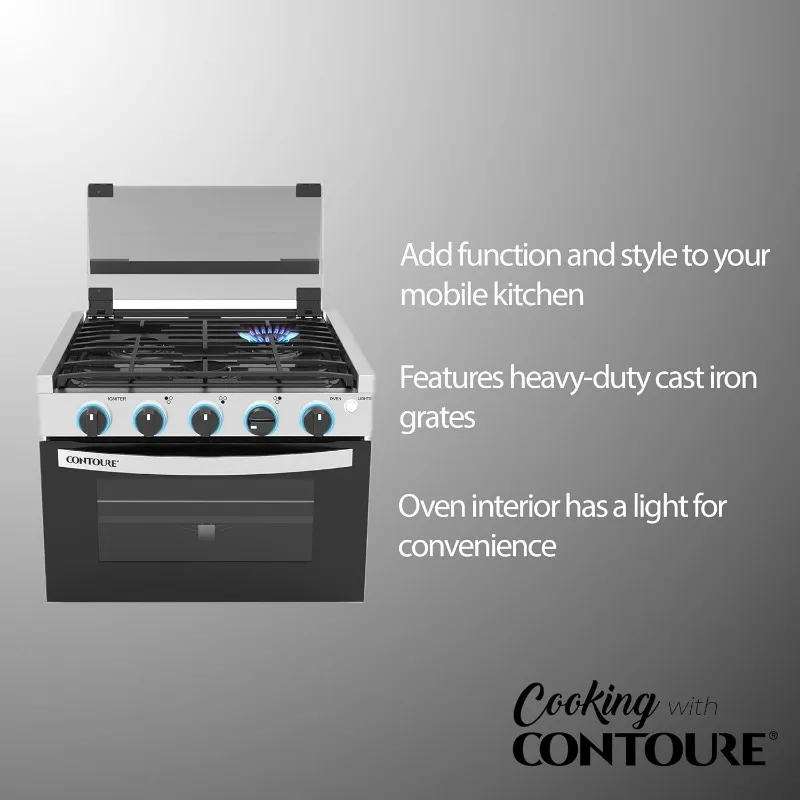 RV 3-Burner Drop-In Gas Range 21" Black Stainless Steel Accents Stylish LED Knobs Easy-Clean Oven Propane-Powered CSA Certified