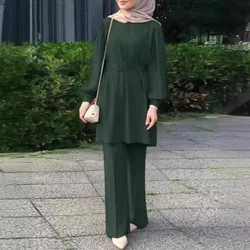 Muzułmańskie damskie pasujące zestawy z długim rękawem w jednolitym kolorze z paskiem i luźnymi spodniami Elegancka moda Casual Tracksuit Kaftan