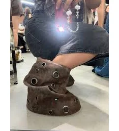 Women's Thick Sole Black/Brown Shark Boots Round Toe Suede Leather Mid Calf Boots Sweet Y2k Cool Luxury Designer Causal Shoes