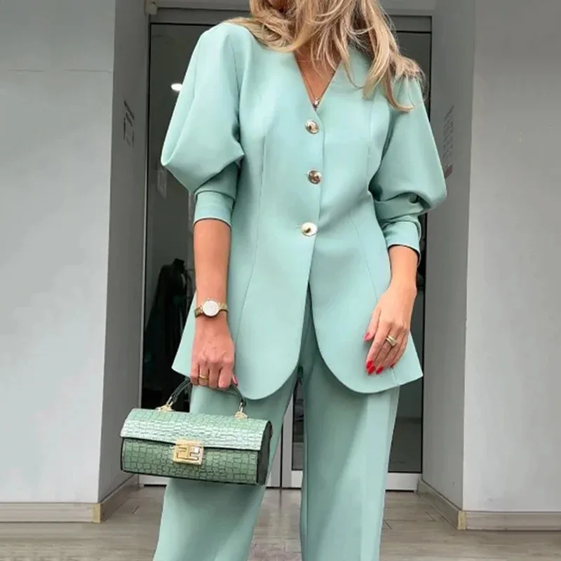 2024 Autumn New Women\'s Fashion Solid Color Lantern Sleeve Loose Suit Temperament Commuter Suit Women Fashion Two-piece Suit