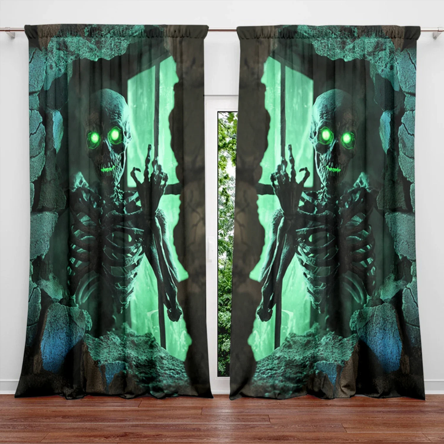 2pcs Human Skeleton Printed Curtain for Halloween Home Decor - Rod Pocket Window Treatment for Bedroom, Office, Kitchen