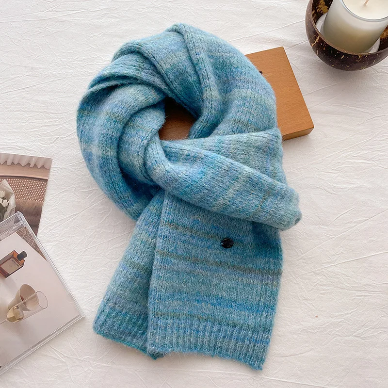 Blue soft and sticky wool knitted scarf for men and women, autumn and winter warm woolen scarf for cold protection