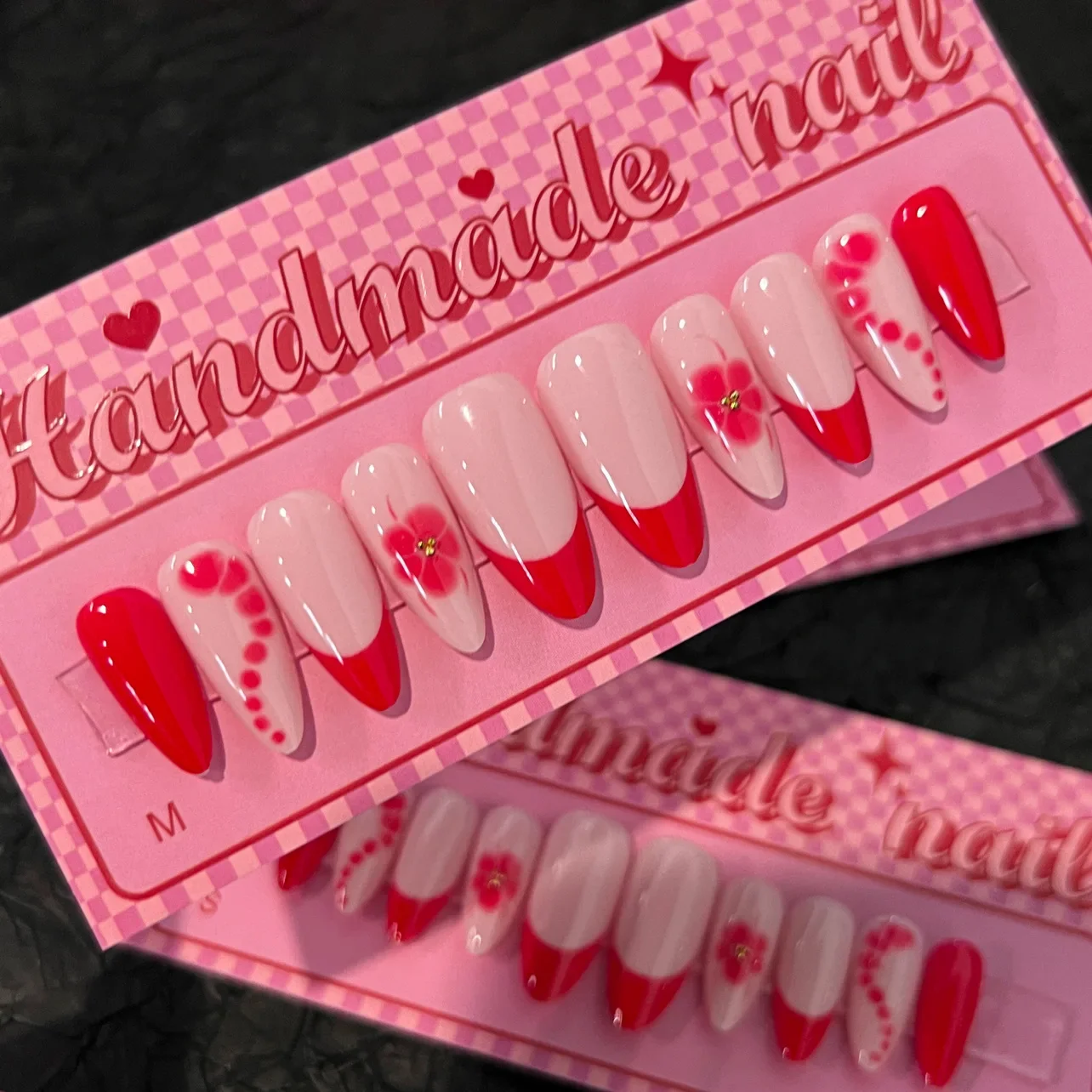 

10Pcs Red Handmade Press on Nails Flower Shading Leopard Print Artificial Acrylic French Almond False Nails Wearable Manicure