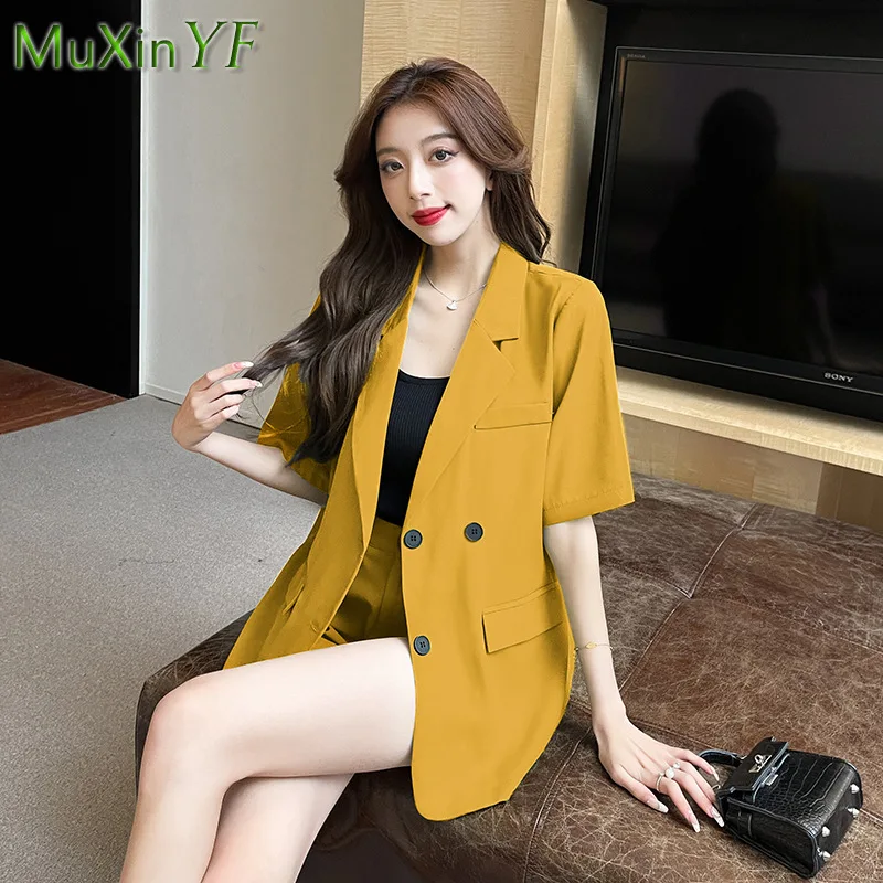 Women's Elegant Business Wear 2022 Summer Casual Midi Thin Suit Jacket High-waisted Wide-leg Shorts Two-piece Korean Chic Set