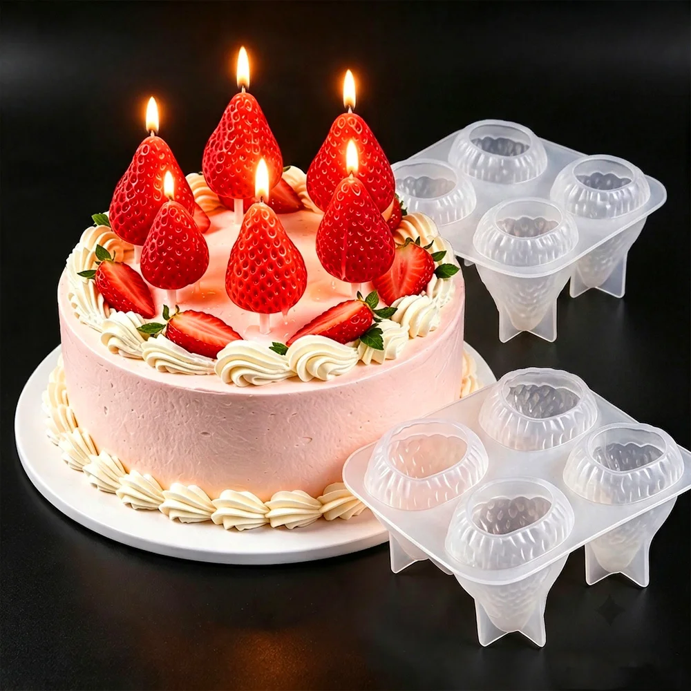 4-Cavity Strawberry Silicone Candle Mold 3D Fruit Soap Resin Making Tool Handmade Birthday Gifts Party Decorations Gifts