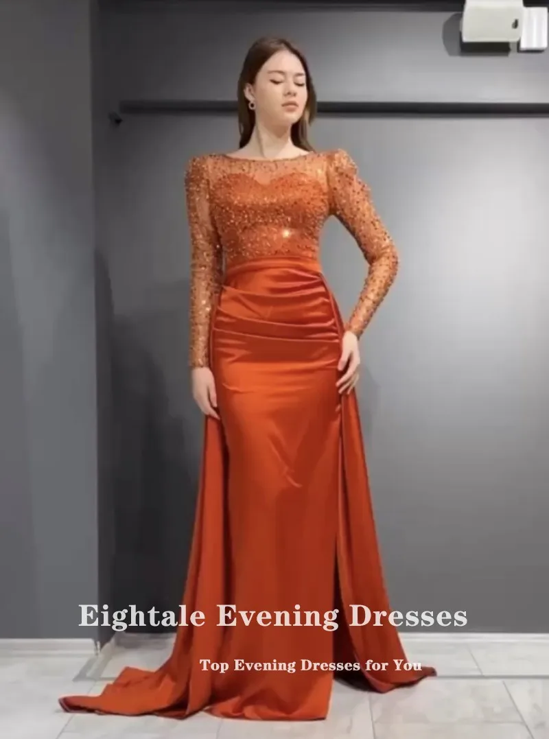 Eightale Sparkly Evening Dresses Orange Red Shiny Luxury Long Sleeves Satin Mermaid Party Prom Gown robe de soirée