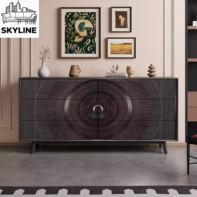 Medieval Italian Solid Wood Sideboard, Vintage Black Decor Storage Cabinet for Luxury Villa Entryway