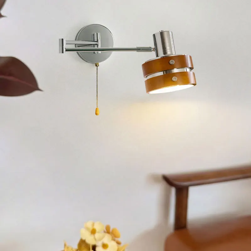 Vintage Wooden Swing Arm Wall Sconce for Bedroom Bedside, Extendable Reading Light for Homestay Guest Room, Wabi-Sabi Decor