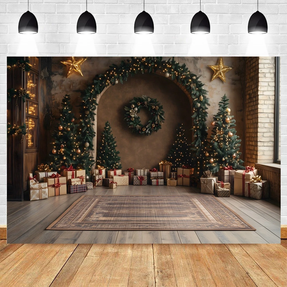 Christmas Wreath Party Photography Background XMAS Tree Gifts Bells Wooden Door Backdrop Kids Family Portrait Photographic Props