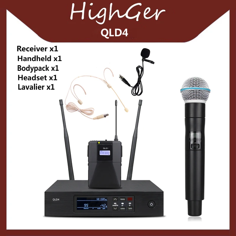 

HighGer QLD4 Fullset Digital Diversity Professional Uhf Dual Wireless Microphone for Karaoke Stage Performances