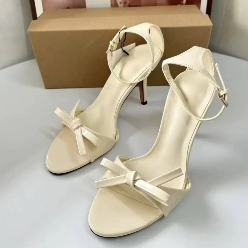 Gold Bow Heeled Sandals Women Summer Elegant Party High Stiletto Heels Sexy Open Toe Ankle Strap Slingbacks Sandals Bridal Shoes