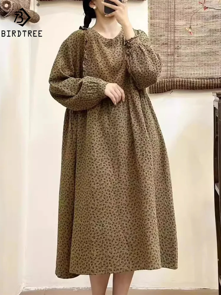 

Новые летние хлопковые платья с длинным рукавом, женское винтажное платье свободного покроя в стиле девушки из леса с круглым вырезом и цветочным рисунком, D47690QM, осень 2024 г.