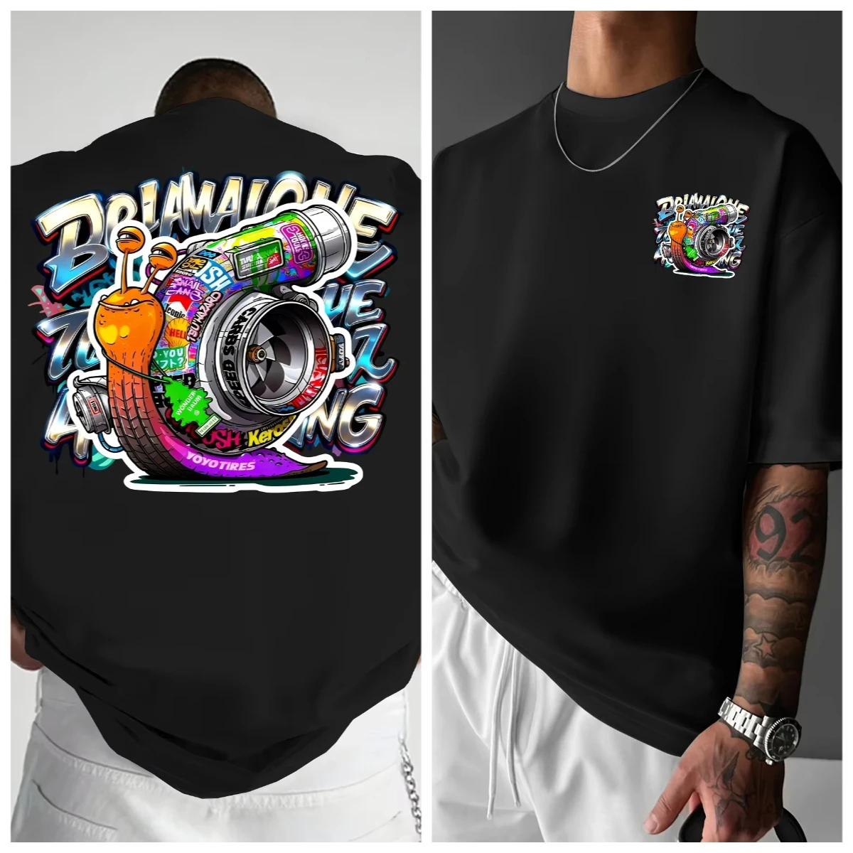 2026 Turbo Snail Graffiti T-Shirt Unisex Cotton Short Sleeve Tee Front Small Logo Back Large Cartoon Turbo Snail Graphic Street