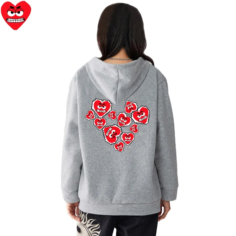 Break Egg Felpa con cappuccio da donna in cotone Cartoon Red Snag Heart Ricamo Colorato cuore Stampa Pullover Tasche Maglione allentato in pile