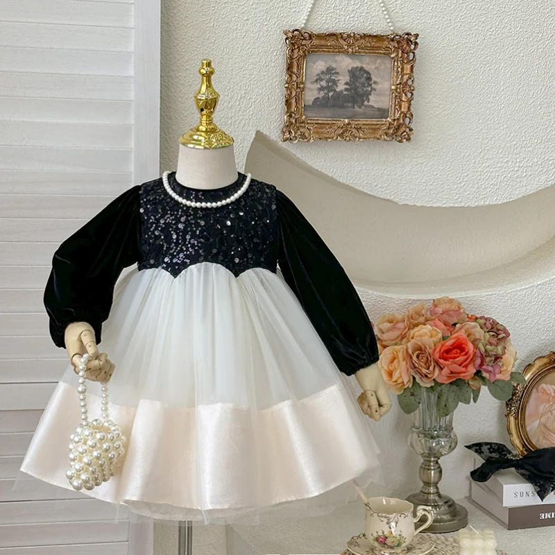 

Girls' Dress2025Autumn New Classic Baby Girl Hepburn Style Fashionable Birthday First Birthday Dress Princess