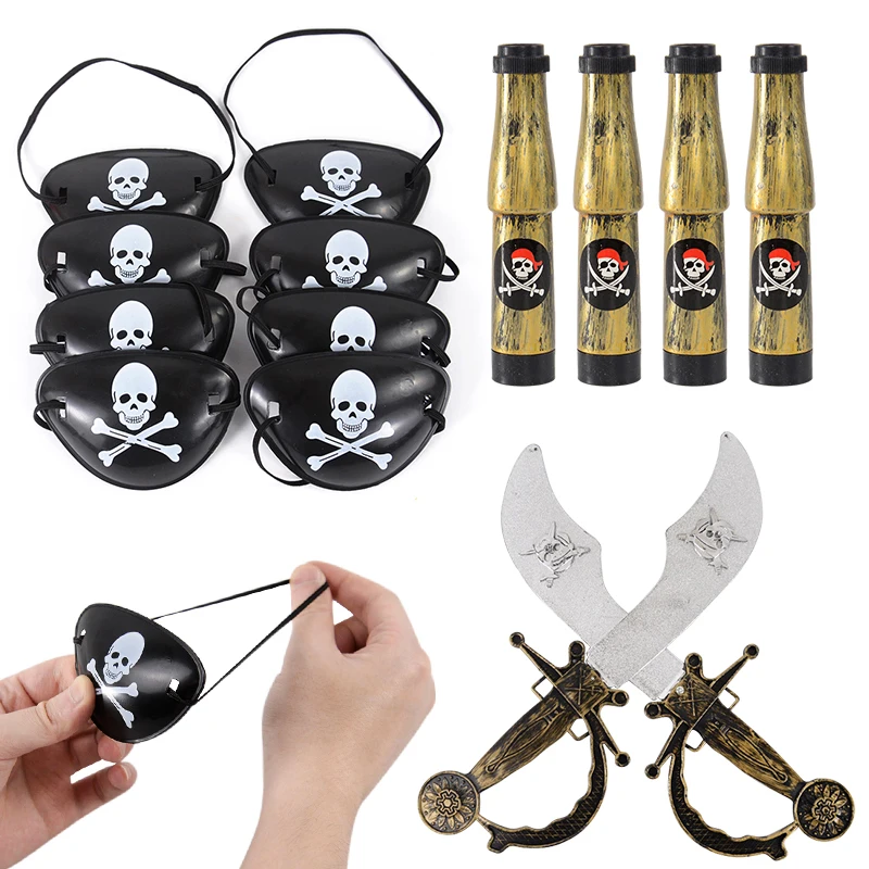 Children Pirate Costume Accessories Sets Pirate Eye Patches Pirate Flag Skull Print Pirate Hat Halloween Cosplay Party Kids Gift