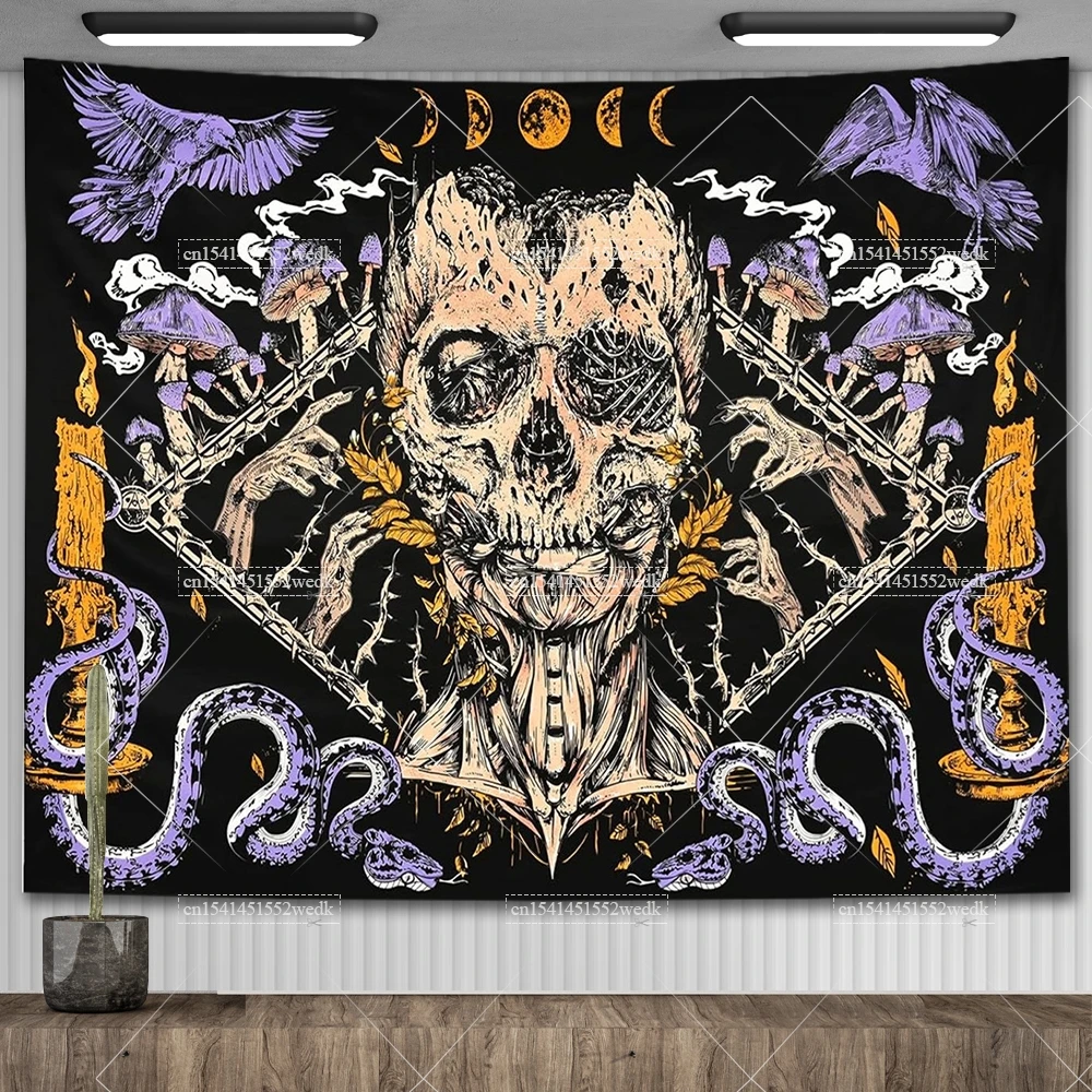 Skull Tapestry Snake Trippy Skeleton Tapestries Vintage Gothic Moon PhaseTapestry Wall Hanging Room Decor Aesthetic Stickers