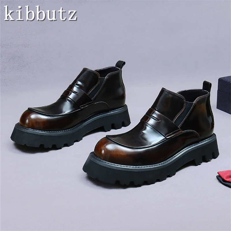 

Men New Bright Leather Chelsea Boots Genuine Leather High Top Business Shoes Cowhide Thick Soles Ankle Boots