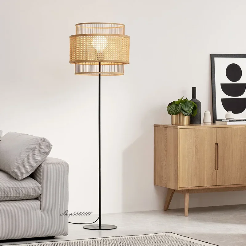 Nordic Vintage lampa podłogowa stojak światła Retro rattanowy abażur oświetlenie podłogowe do salonu gabinet dekoracja sypialni oprawa