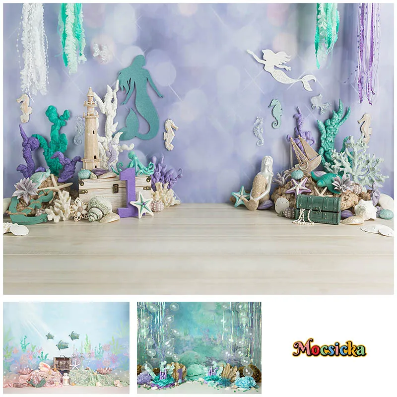 

Mocsicka Summer Photography Backdrop Happy Birthday Party Underwater World Background Portrait Cake Smash Studio Photo Banner