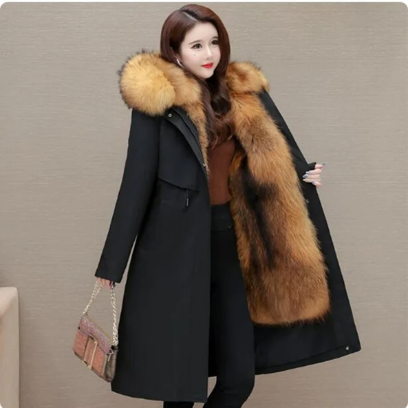 women's winter new over-the-knee removable liner high-end thickened cotton-padded jacket imitation fur coat