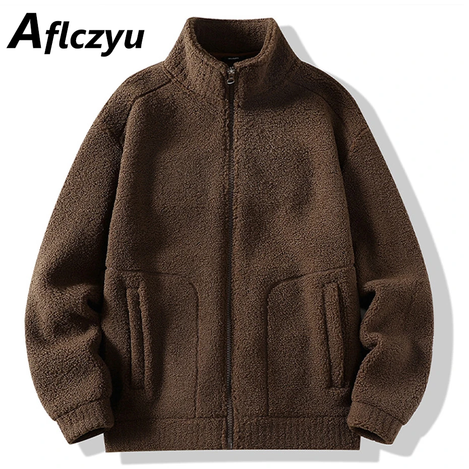 

Autumn Winter Fleece Jacket Men Fashion Casual Stand Collar Jackets Male Thick Fleece Coats Black Brown