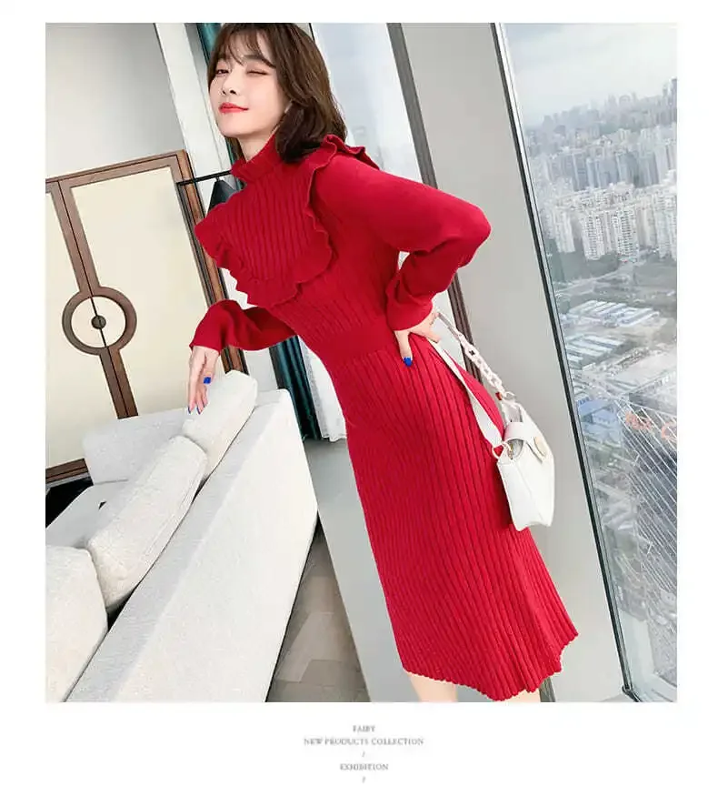 Kimotimo Autumn Winter Long Sleeve Knitted Dress Women French Elegant High Collar Ruffle Waist Slim Mid Length Sweater Dresses