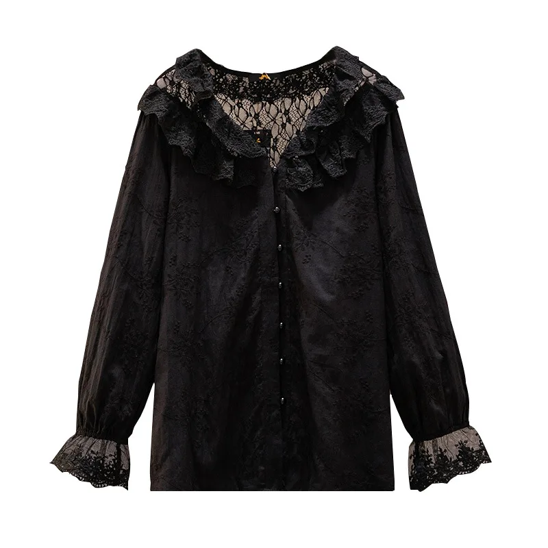 150Kg Plus Size Women\'s Bust 153 Spring Loose Embroidery Hollow Lace Shirt Ruffle Lantern Sleeve Top 5XL 6XL 7XL 8XL 9XL