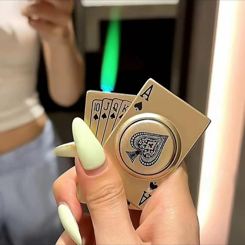 New Metal Poker Turntable Inflatable Lighter Windproof Jet Flame Butane Fun Decompression Lighter Cigarette Accessories Gift