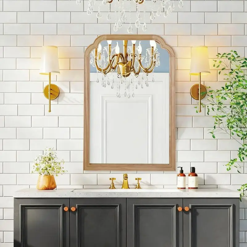 لون الخشب الطبيعي 20 × 30 إطار من الخشب الصلب مرآة زخرفية زاوية مستديرة للاستخدام المنزلي في غرفة النوم والحمام وغرفة المعيشة، #1