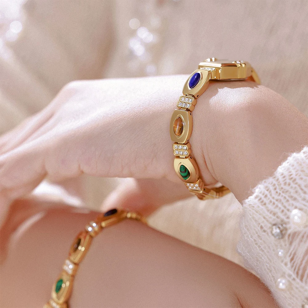 Relojes Vintage para mujer, pulsera de piedra de ojo de tigre Natural dorada, reloj para mujer, vestido ligero de lujo, reloj de cuarzo informal para mujer