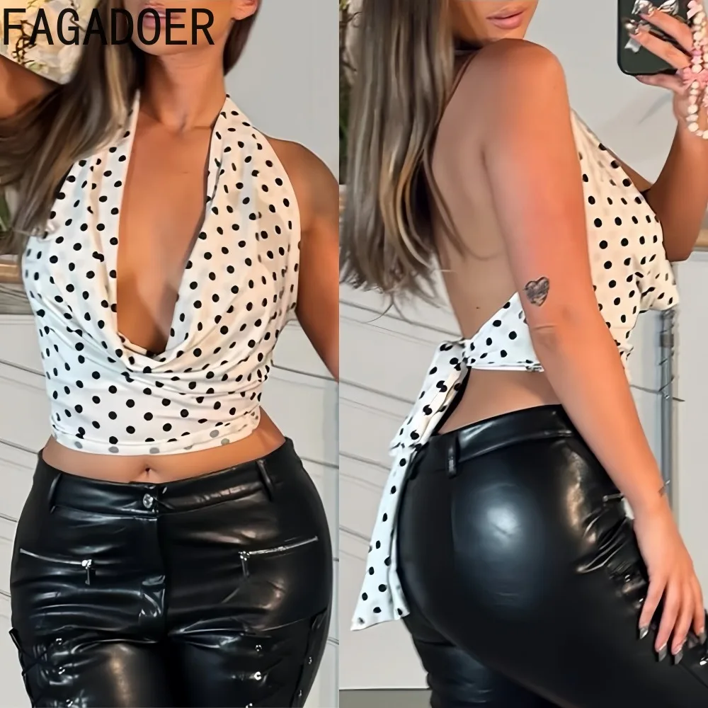 

FAGADOER Sexy Polka Dot Print Patchwork Straps Camis Women Halter Deep V-neck Backless Crop Top Female Streetwear Clothing New