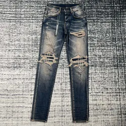 discounted men aged retro plaid patch distressed skinny jeans