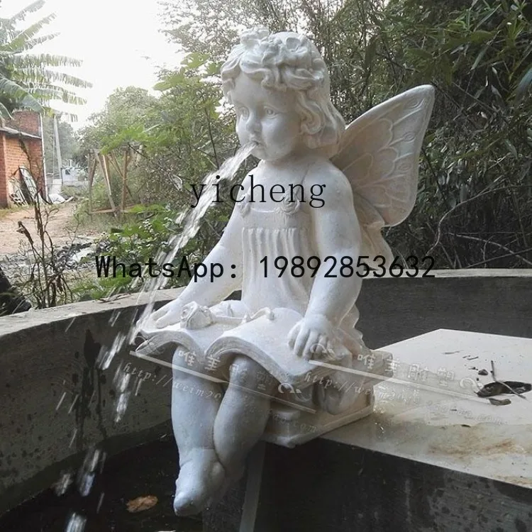 Skulptur Figur Ornament Haushof Fischteich Landschaft Dekoration kleiner Engel spuckender Wasserbrunnen