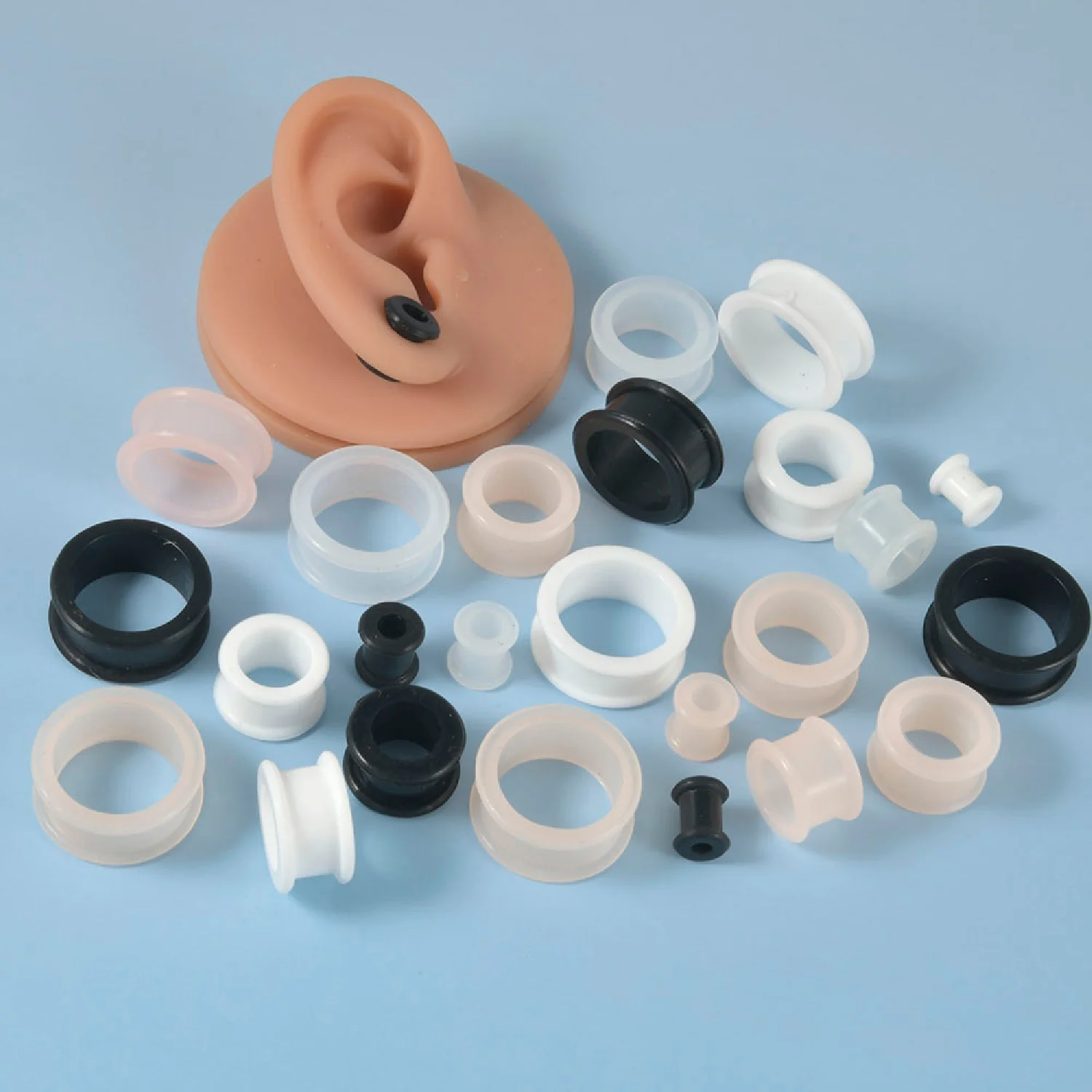 1Pair 3mm-48mm Big Size Hollow Black Silicone Flexible Double Flared Flesh Ear Tunnel Plugs Gauge Expander Stretchers Jewelry
