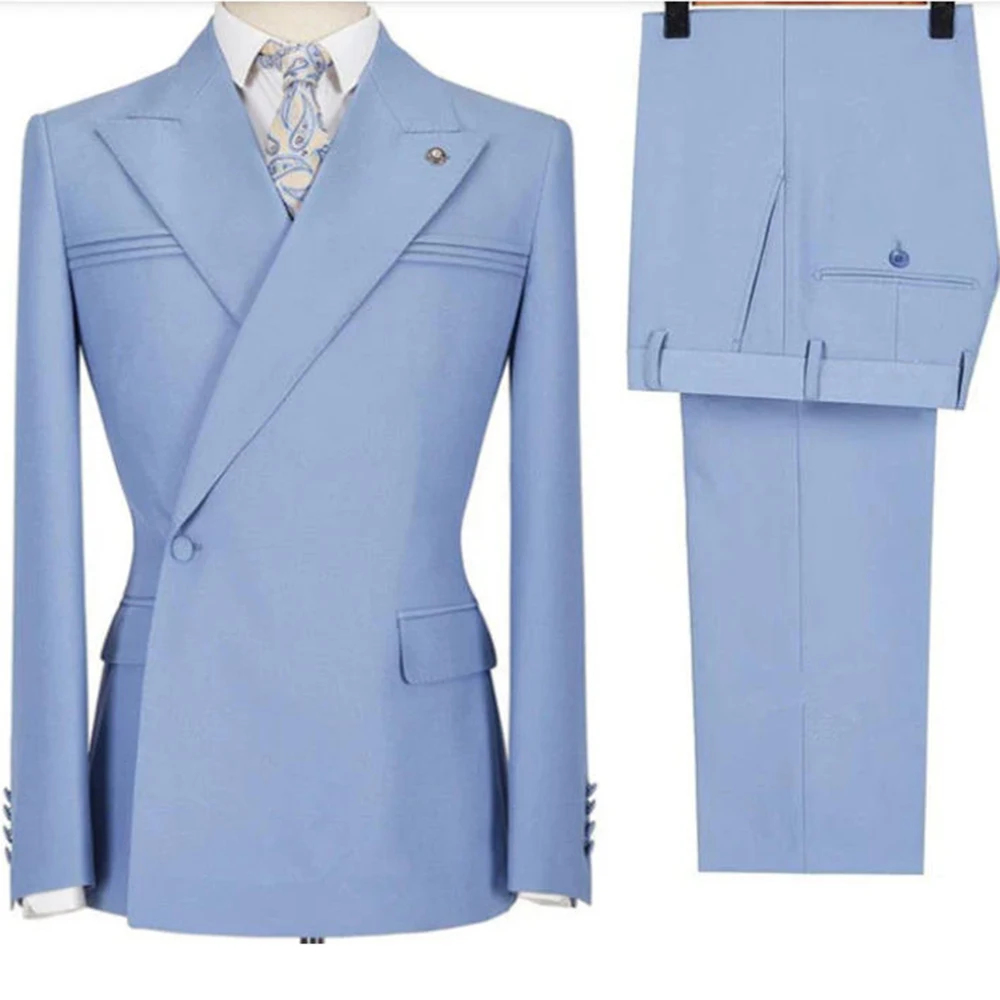

Светло-лубой мужской однобортный деловой костюм, комплект из 2 предметов, куртка и брюки, модная тонкая свадебная вечеринка, офисная мужская одежда