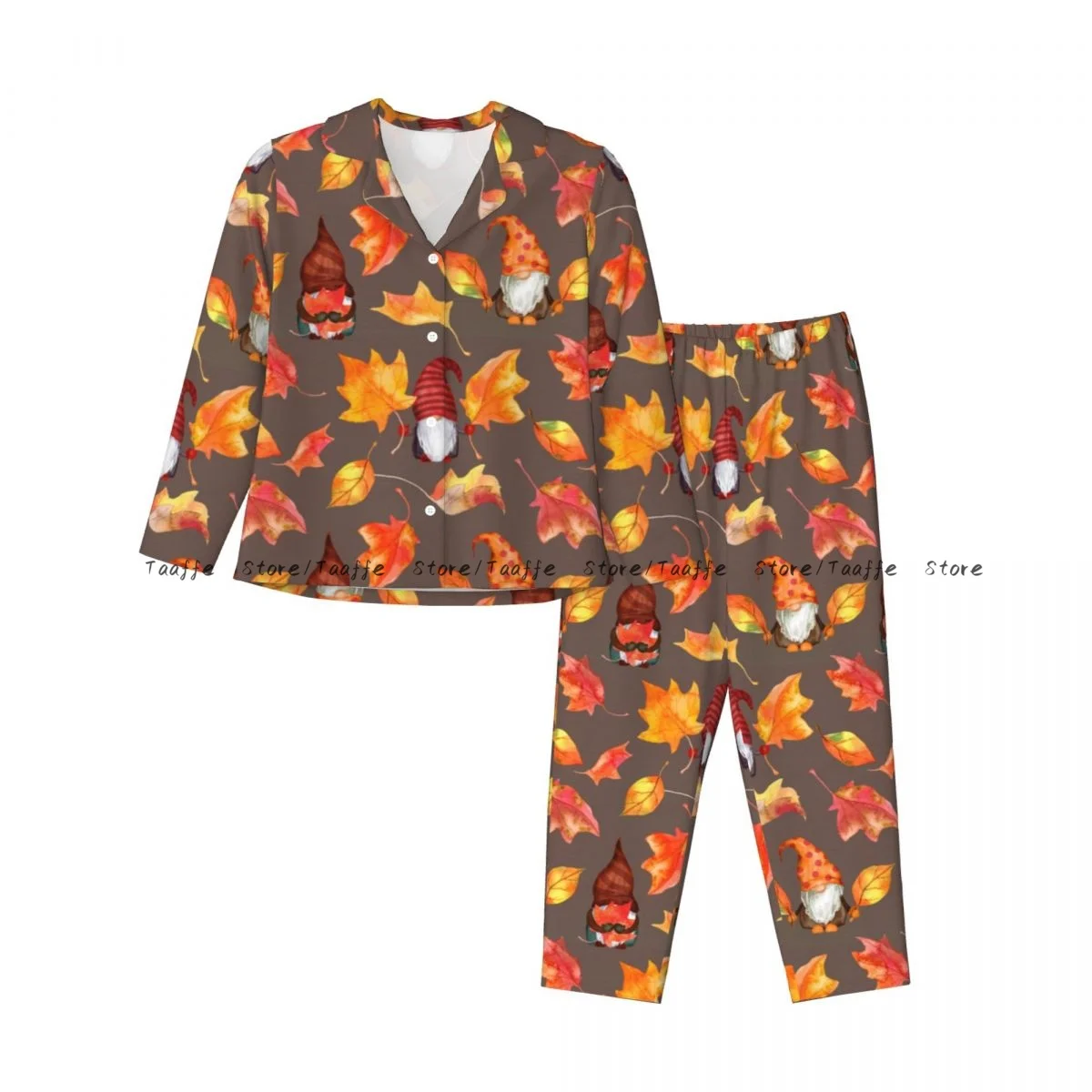 Women Sleepwear Loungewear Autumn Gnome Family With Leaves Long Sleeve Lapel Neck Shirt and Elastic Waist Pants Pajamas Set