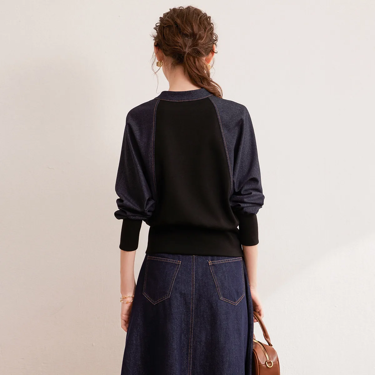 LOUIS YAO Design Sense Splicing Shoulder Sleeve Sweatshirts 2025 Autumn Casual Top Pullover Micro Elastic Women's Sweatshirts