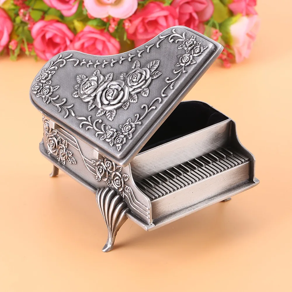 Piano Piano Shaped Jewelry Box Rose Flower Zinc Alloy Zinc Alloy Jewelry Storage Silver Soft Inner Ring Earrings Case For Women