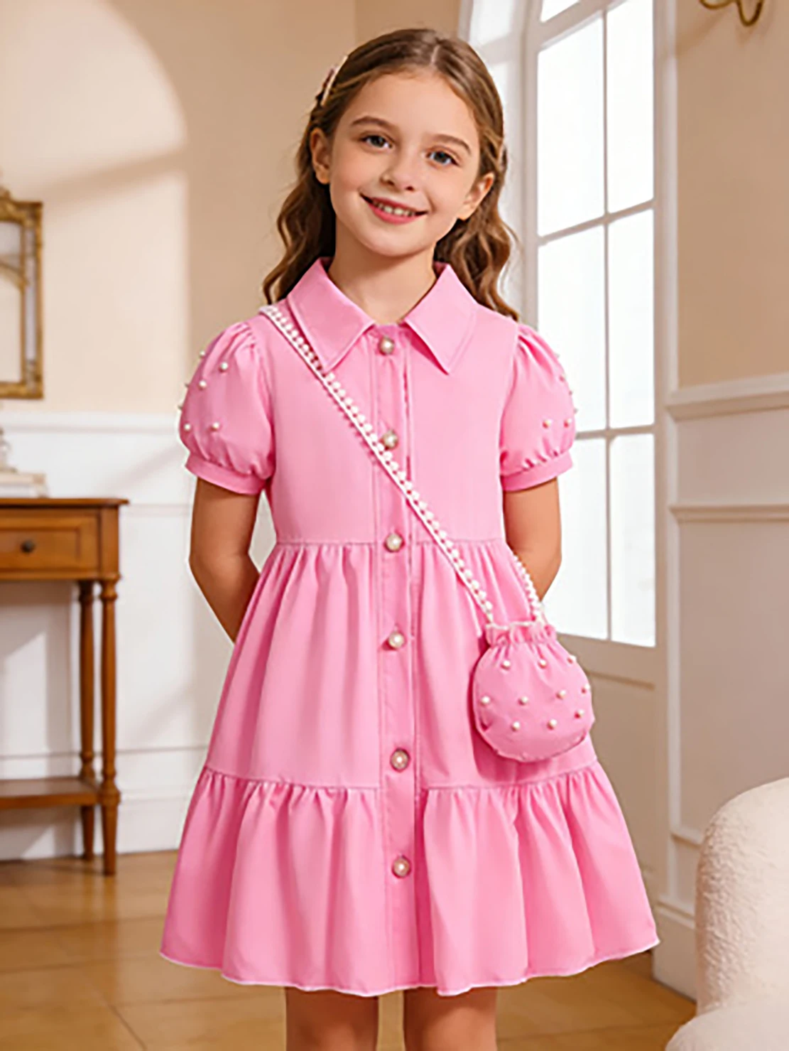 Elegantes Kinderkleid, Neues Sommer-Mädchenkleid im A-Linien-Schnitt mit Perlenverzierungen – Detail 5