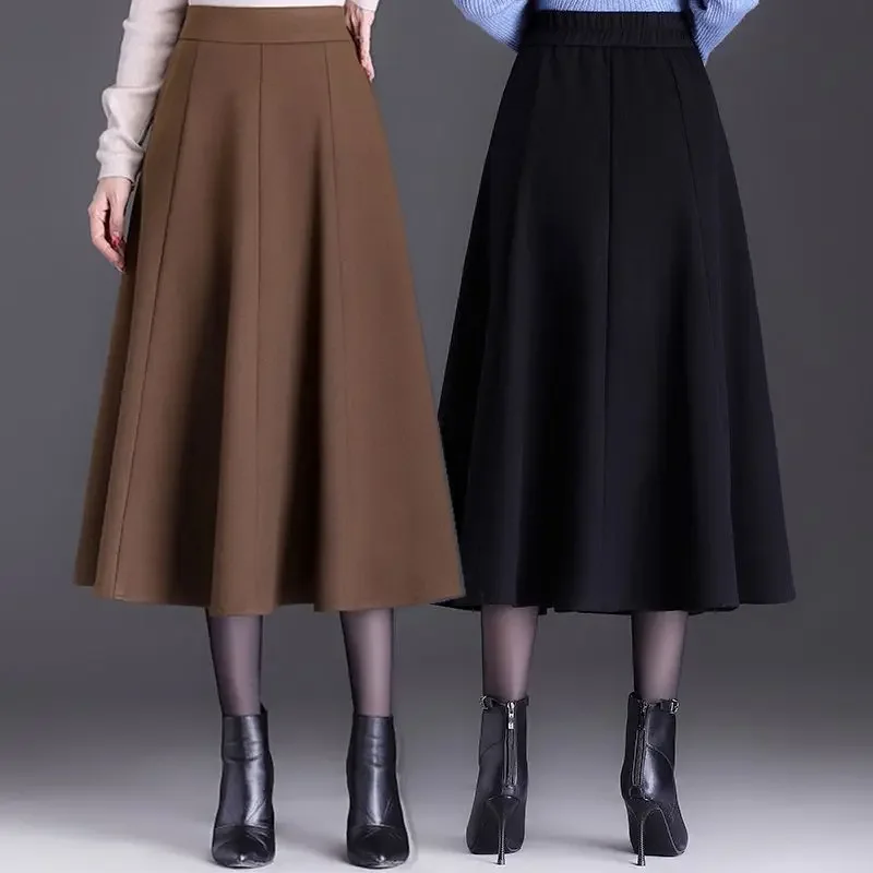 

2024 New Woolen Half Skirt Women Autumn and Winter High Waist Elegant Dress Mid Length A Line Versatile Slim Long C46