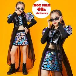 Fashion Hip Hop Clothing For Girls Mesh Tail Skirt Suit Street Dance Wear Jazz Dance Costumes Performance Stage Outfits DQS8471