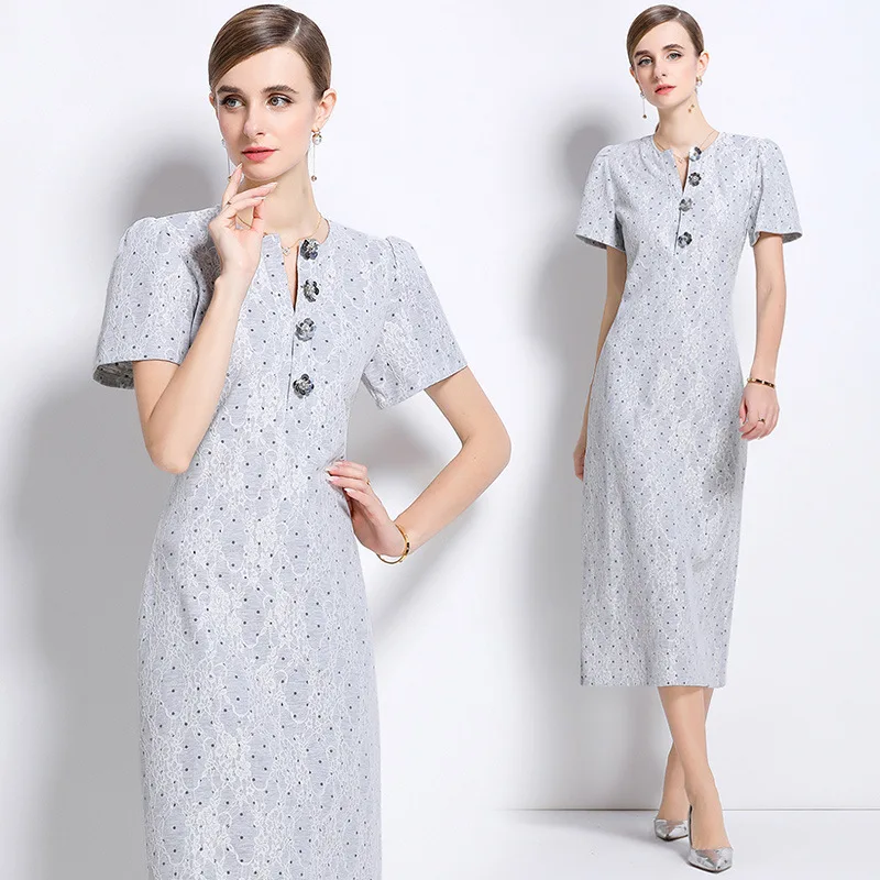 New V-ne Lace Midi Dr Heavy Embroidery Slimming Waist Bodycon Skirt ort Sve mid Waist Other Material Other Pattern