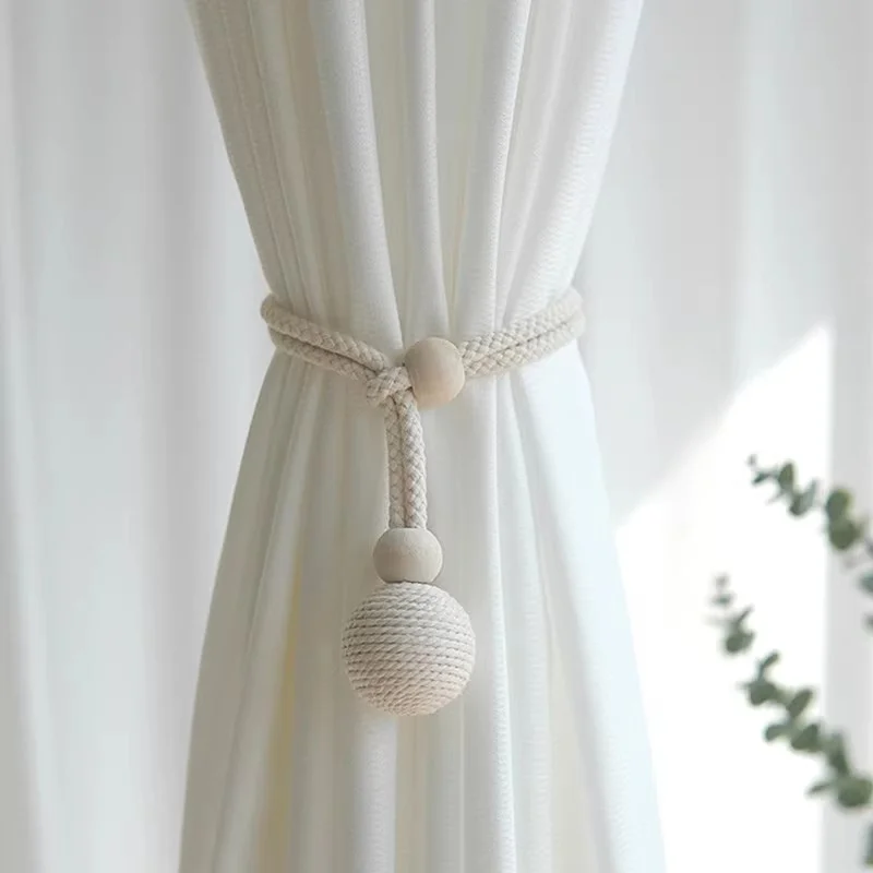 2Pcs Handmade Cotton Rope Curtain Tieback with Natural Wooden Bead & Knotted Ball Curtain Strap for Curtain Organization