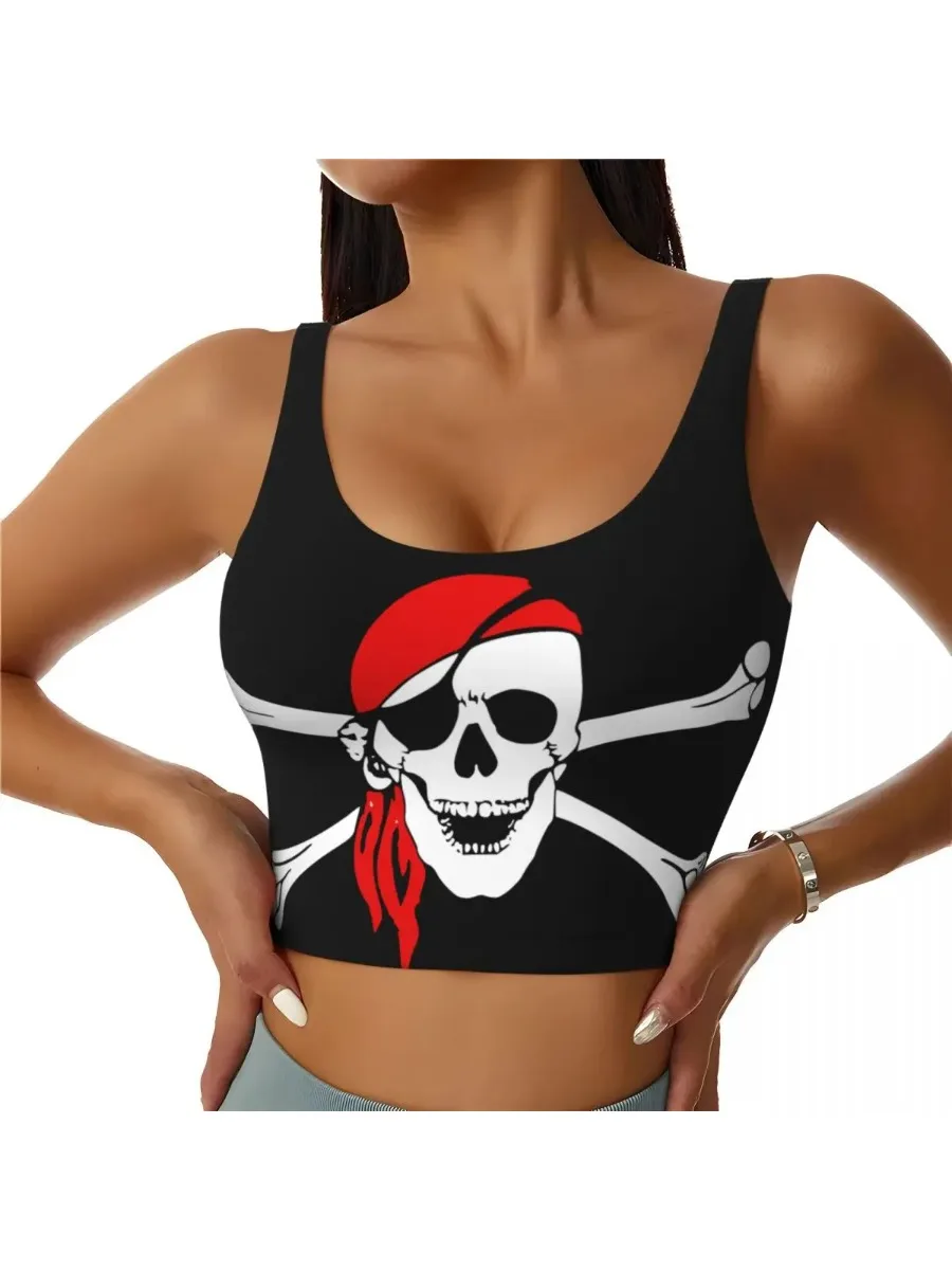 Damska kamizelka do jogi, sportowa bluzka crop top na siłownię, streetwear z flagą piracką, oddychający top na trening, damska — zdjęcie 2