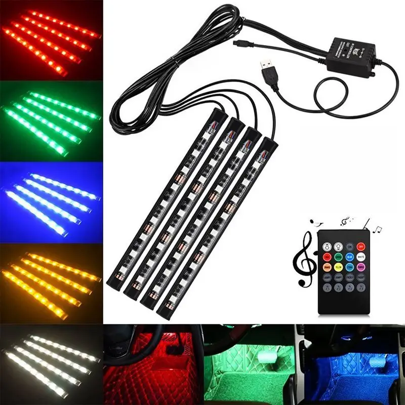 Bande lumineuse RVB pour intérieur de voiture, chargeur USB, escales intérieures de voiture, 4 pièces, DC 12V, 9 LED