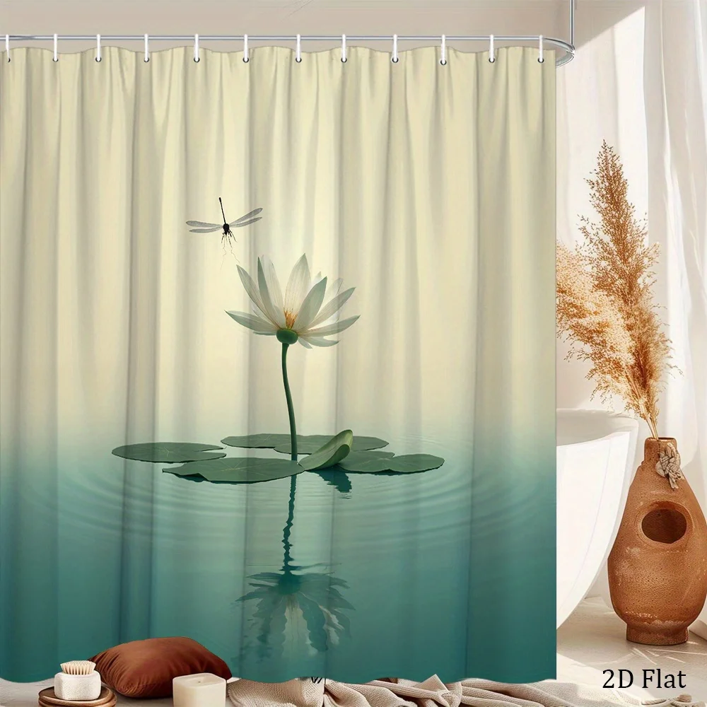 water lily with dragonfly on lotus stem soft gradient serene teal background shower curtain with 12 hooks bathroompartitiondecor